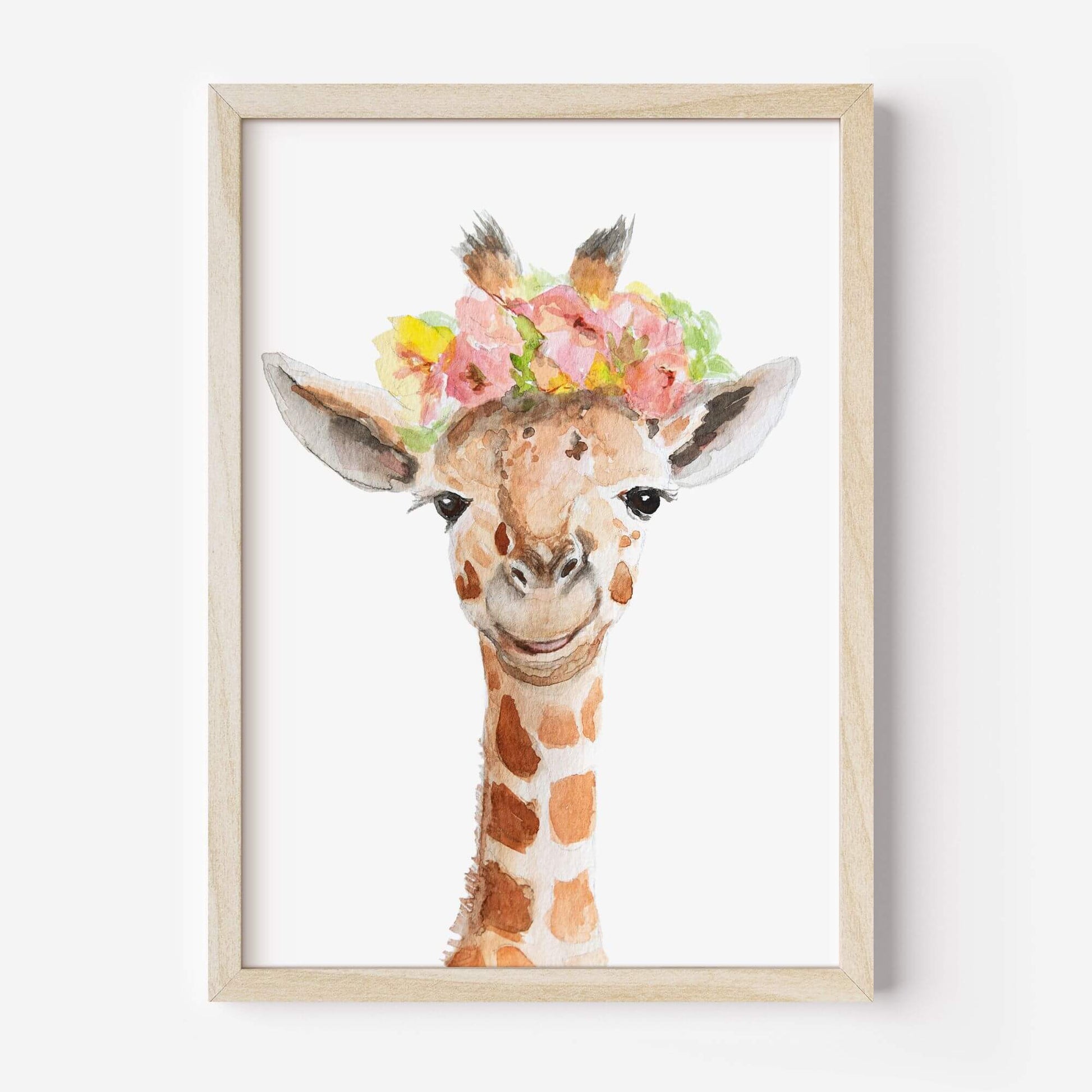 Framed watercolor giraffe with flower crown nursery wall art print
