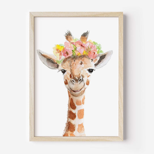 Framed watercolor giraffe with flower crown nursery wall art print