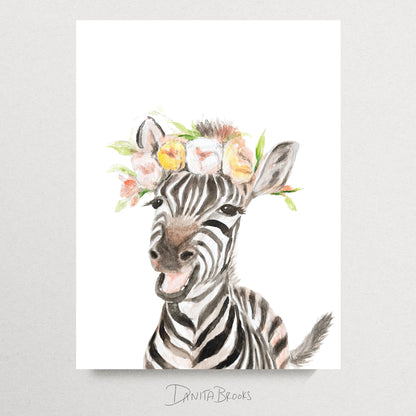 Unframed watercolor zebra with pink blossom flower crown art print on white background