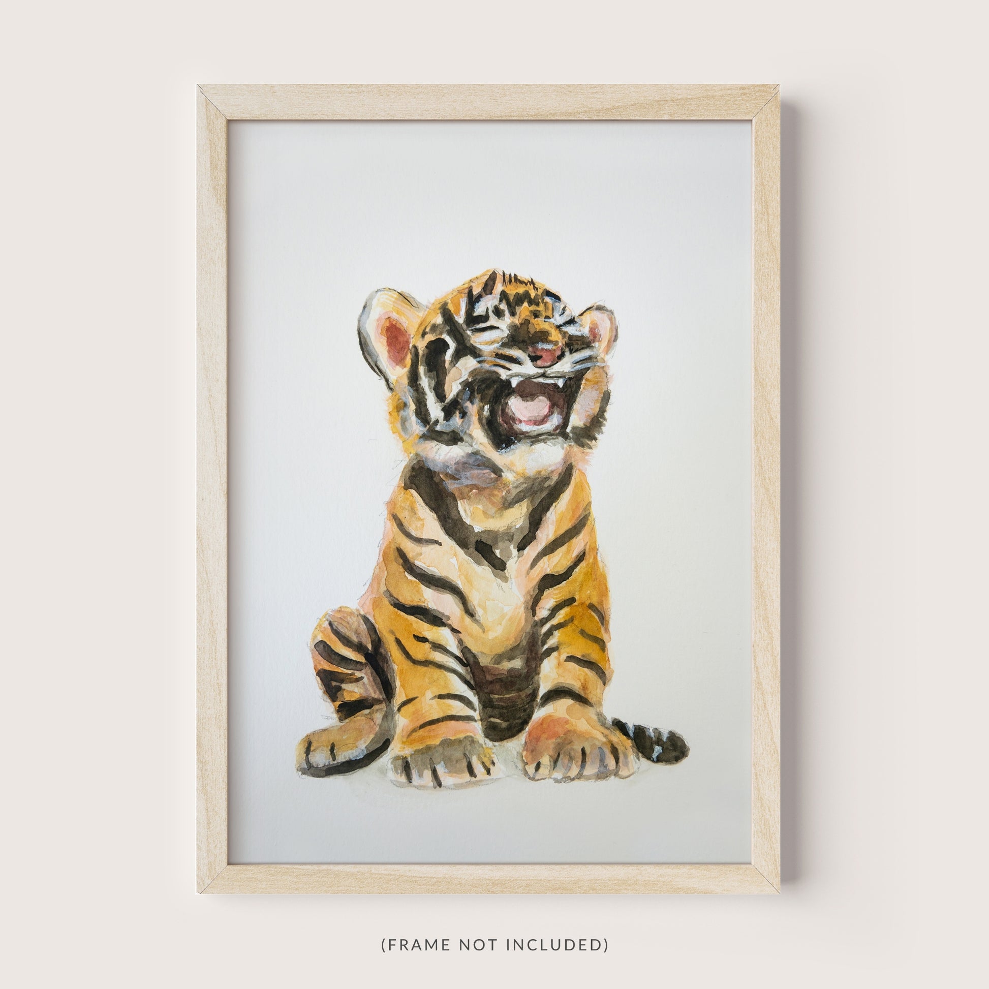 Framed watercolor baby tiger cub art print – safari nursery decor for jungle baby room