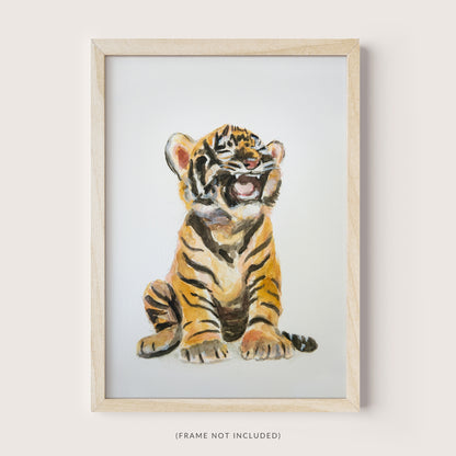 Framed watercolor baby tiger cub art print – safari nursery decor for jungle baby room