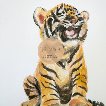 Close-up of watercolor baby tiger cub – safari nursery print for boys room or baby gift