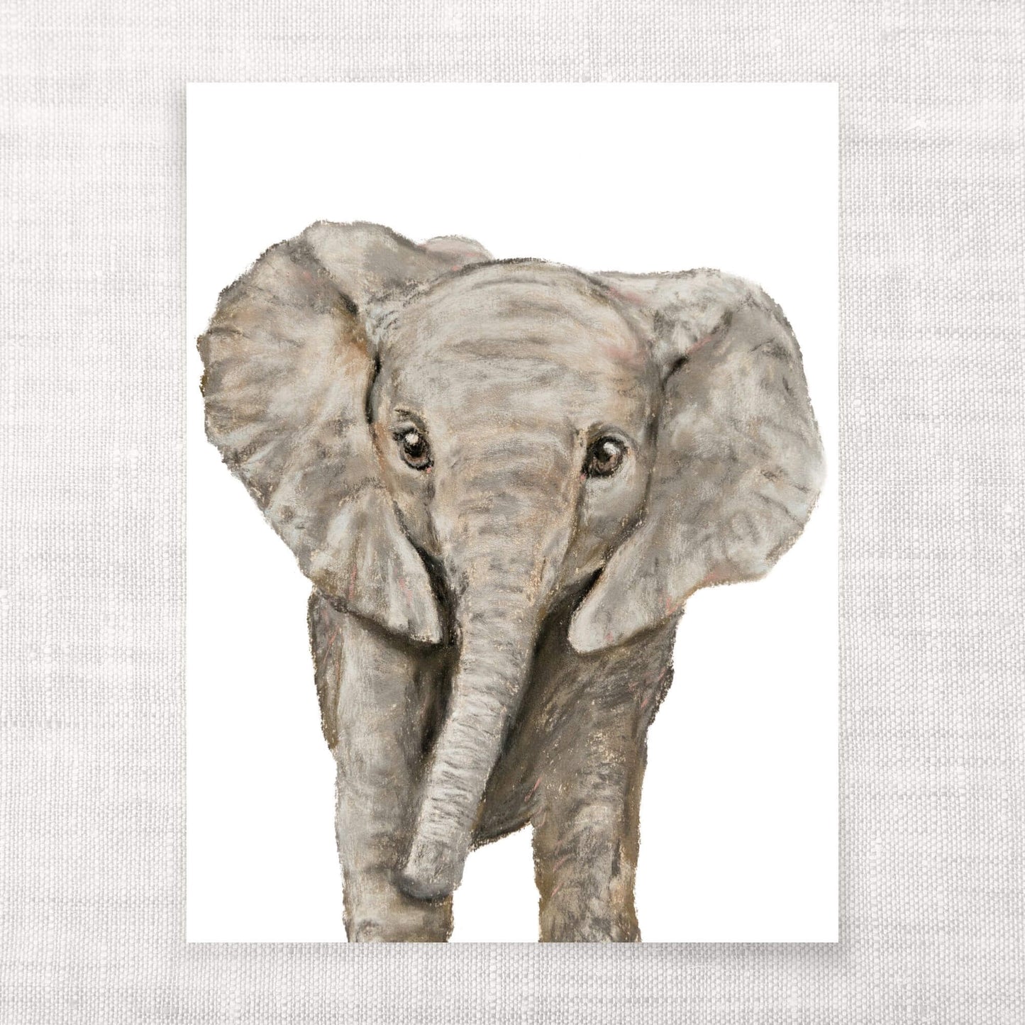 Watercolor art print of a baby elephant on a textured gray background