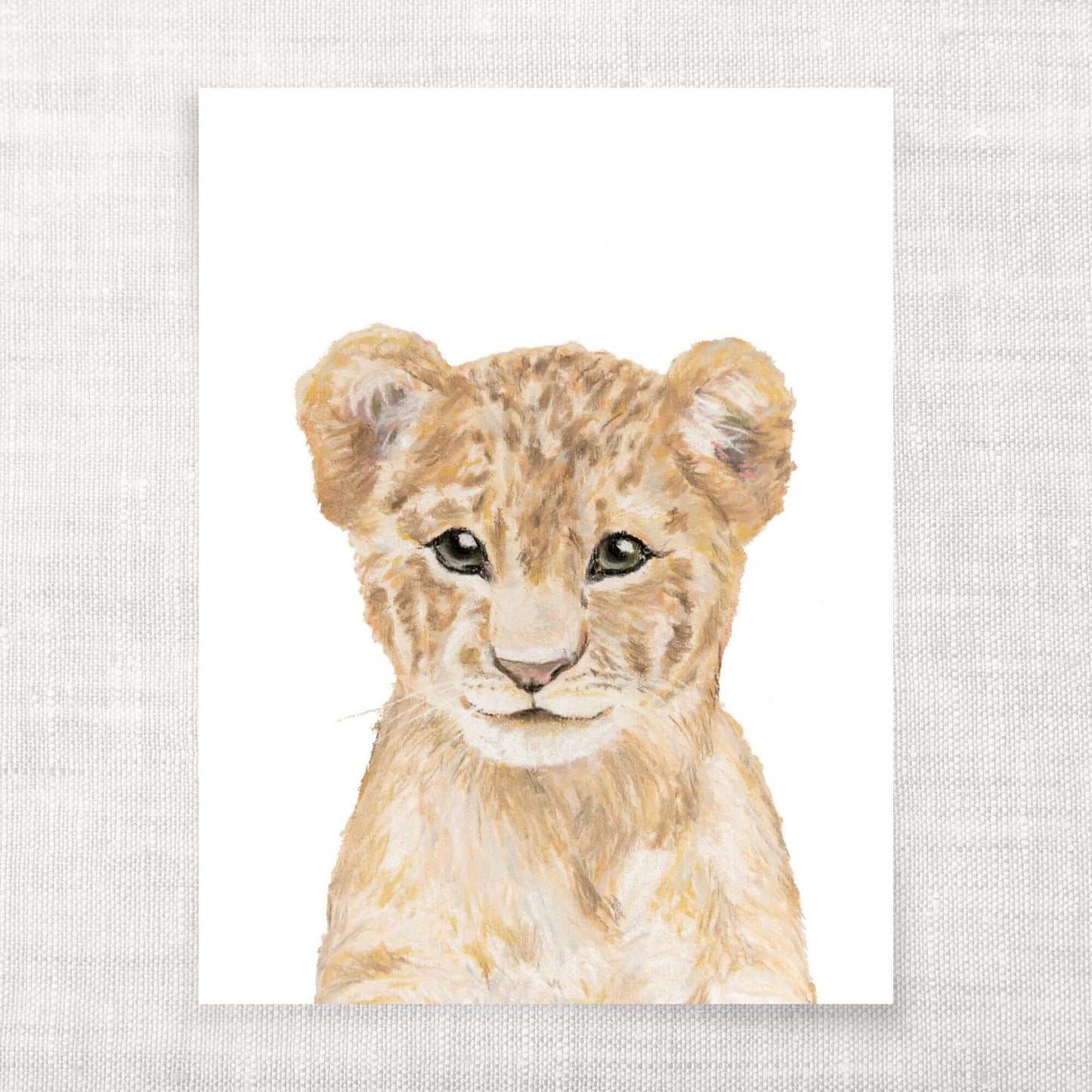Illustration of a lion cub on a textured light gray background