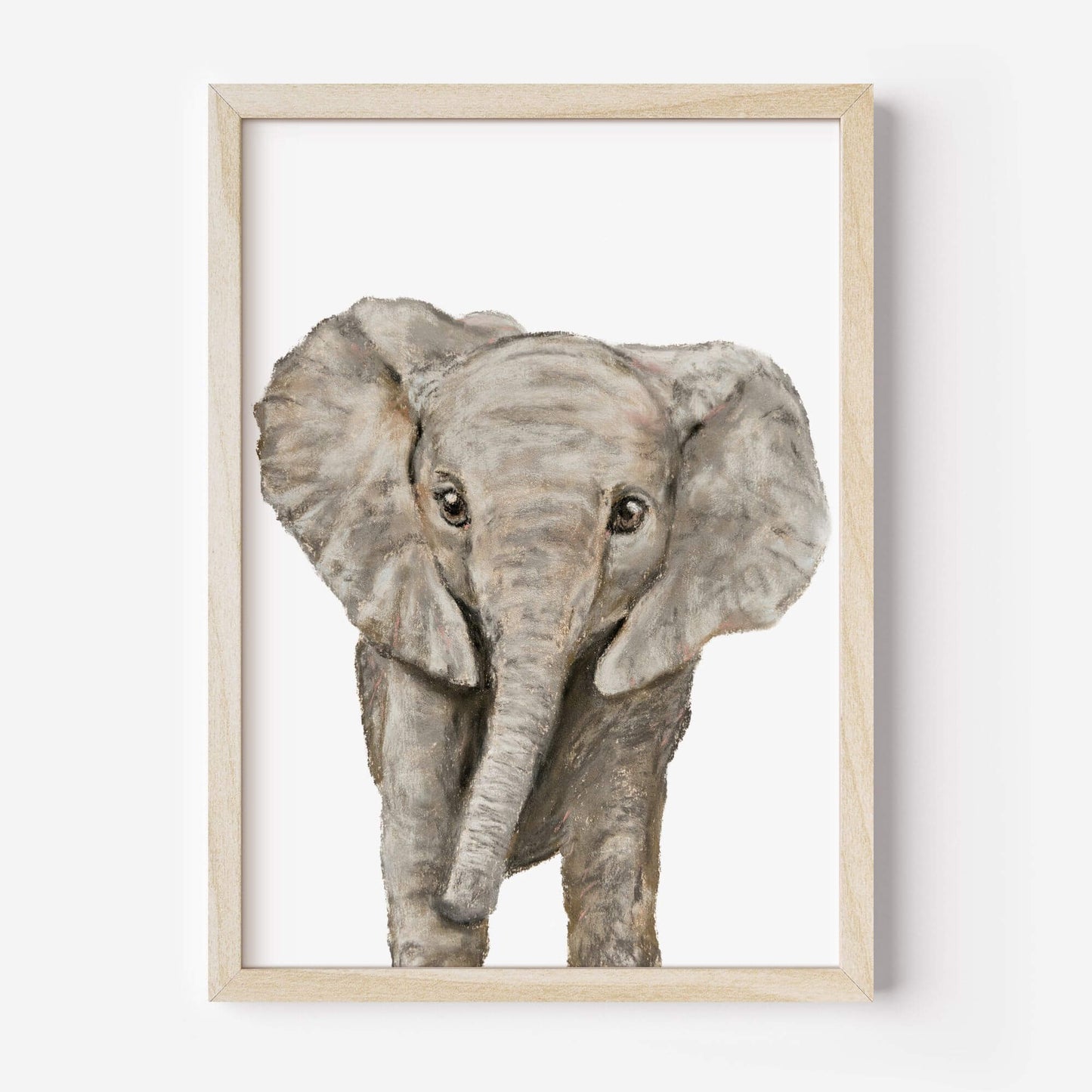 Framed elephant artwork on a white background