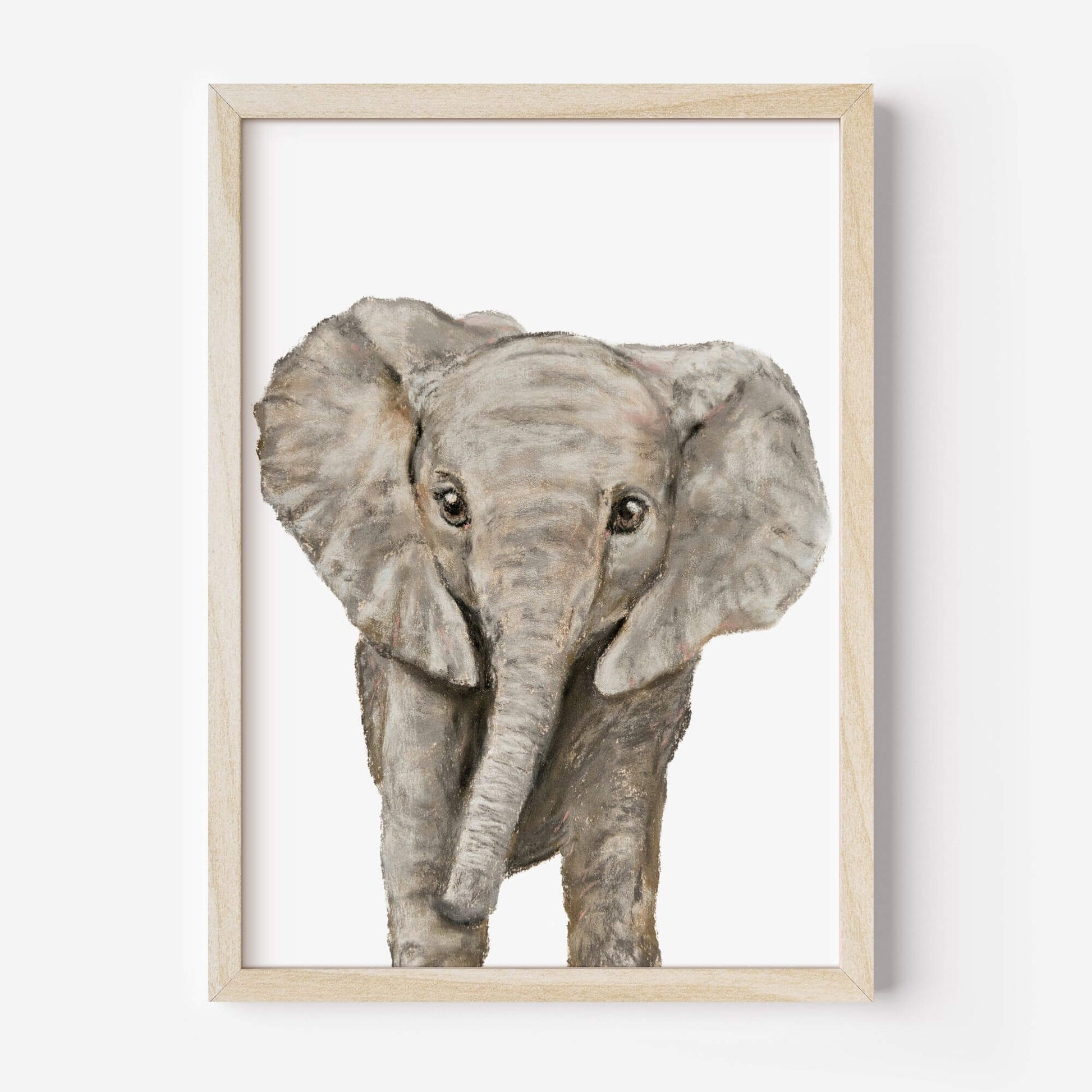 Framed elephant artwork on a white background