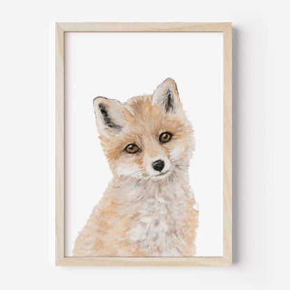 Framed watercolor painting of a fox on a white background
