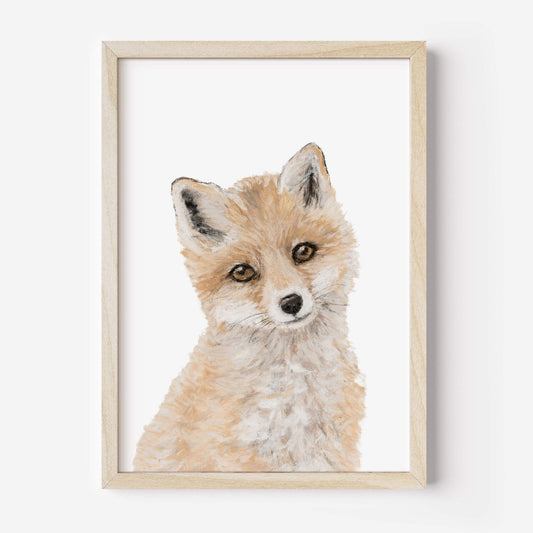 Framed watercolor painting of a fox on a white background