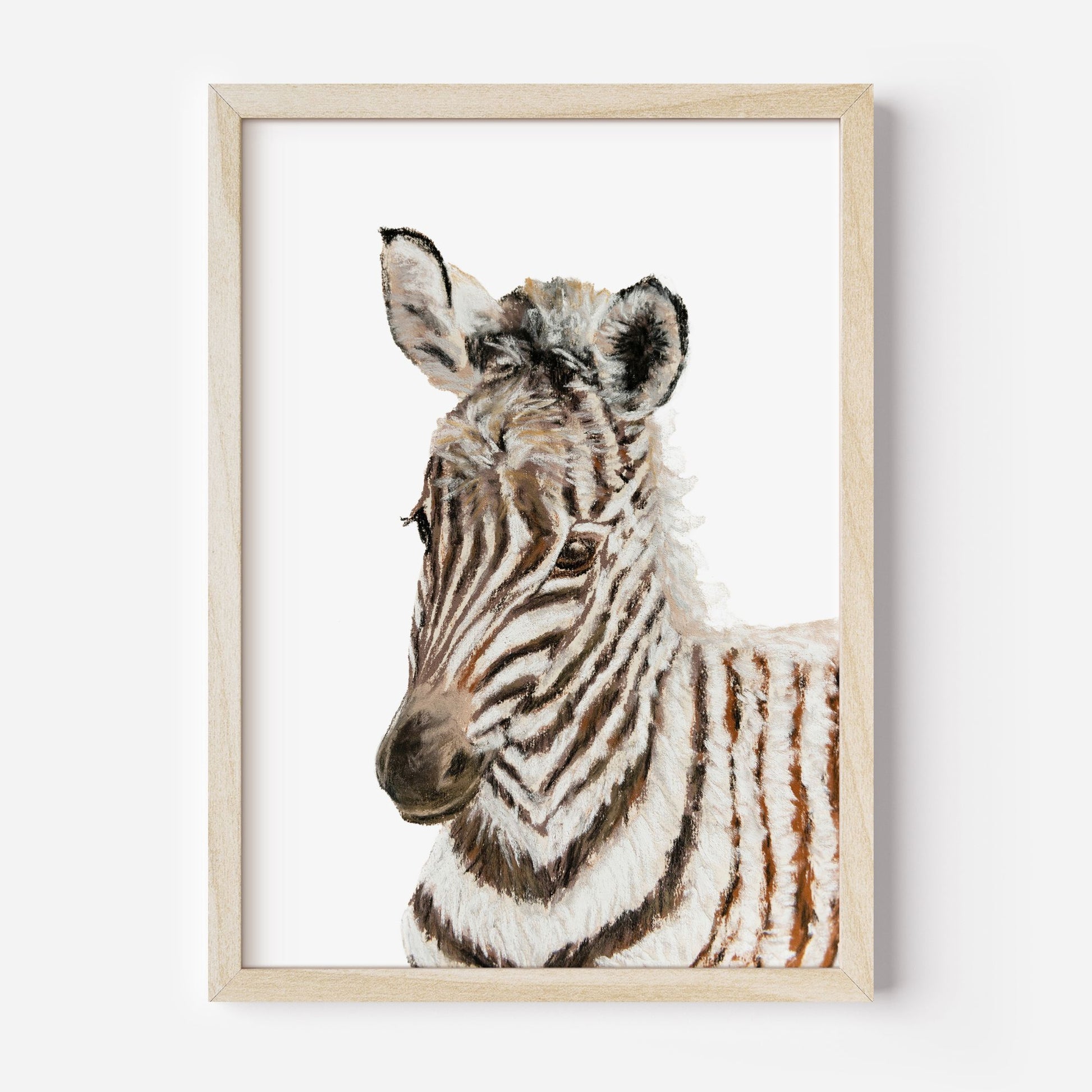 Framed artwork of a zebra on a white background