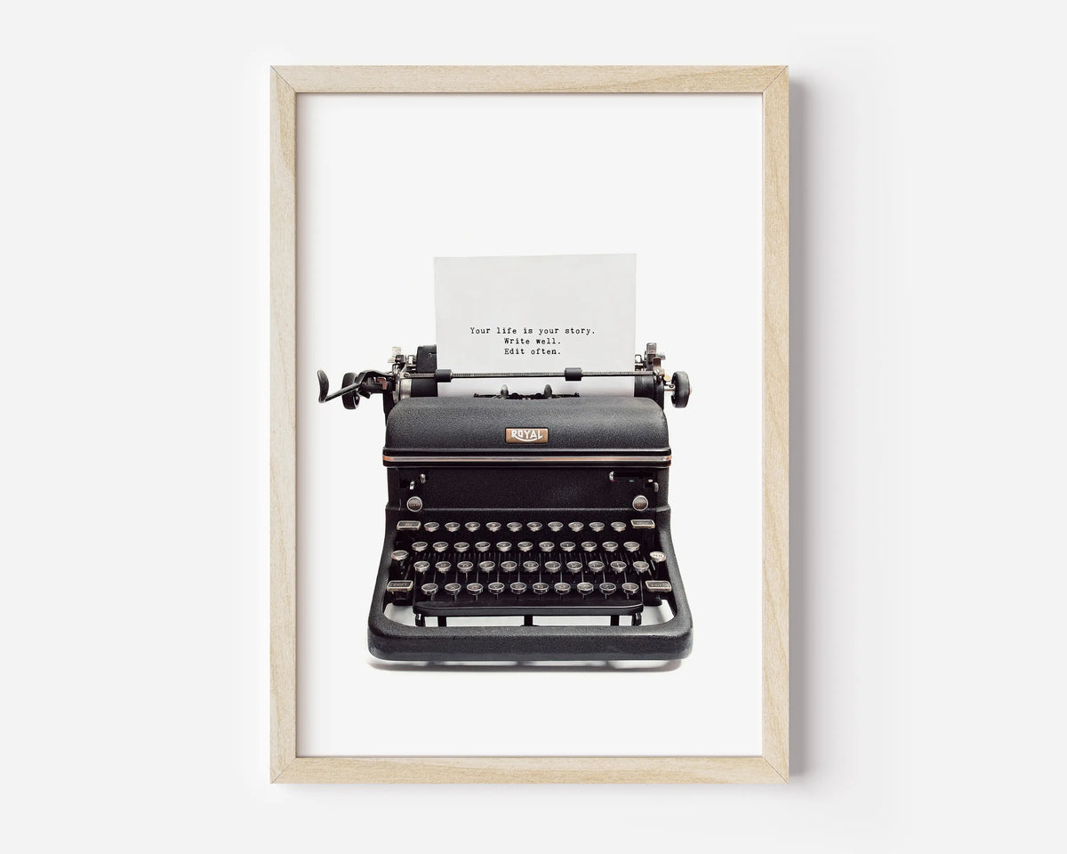 Personalized vintage typewriter art print by Danita Brooks, with a custom quote typed on the page