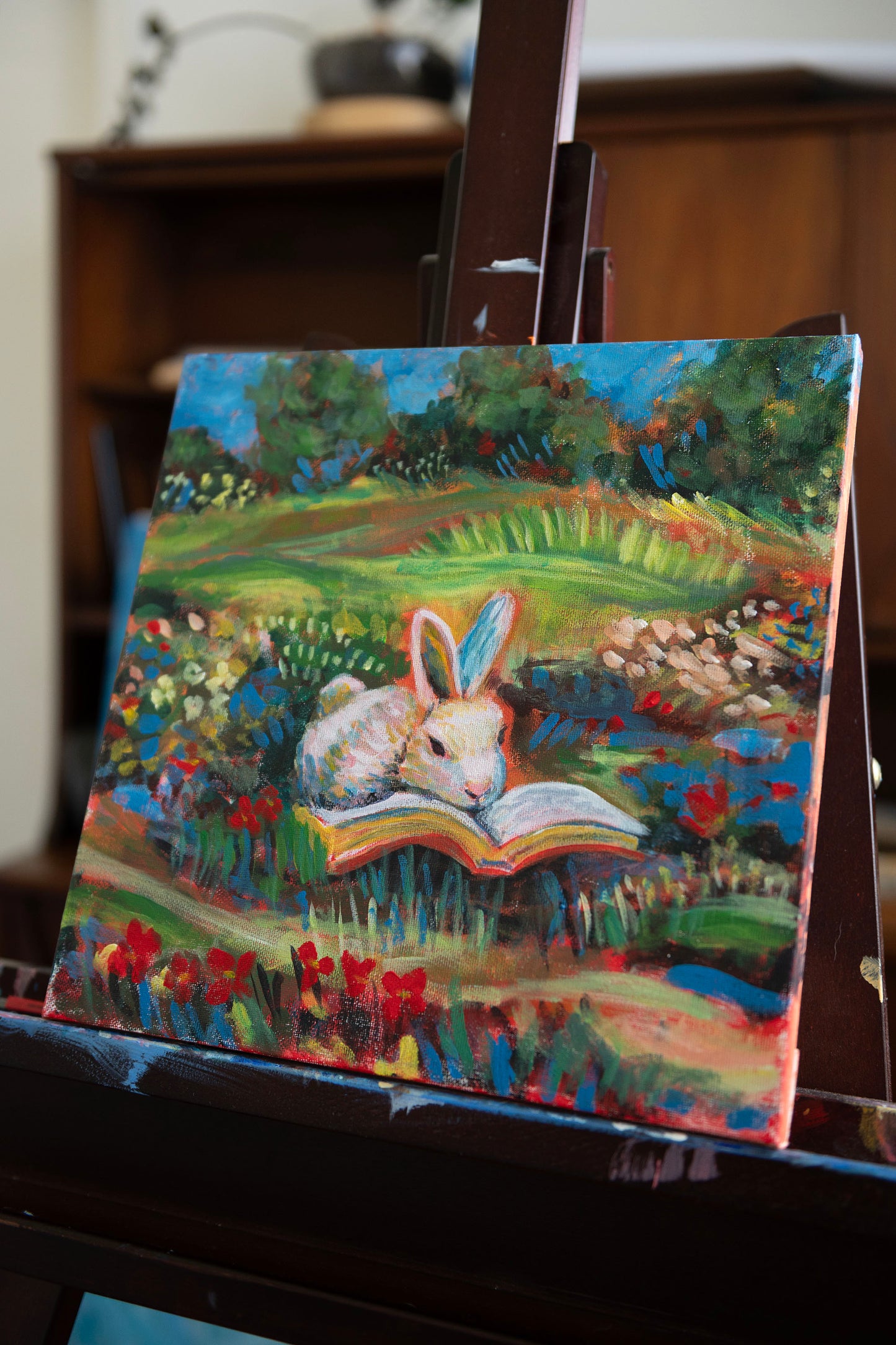 “Petals and Pages” Storybook Bunny Painting 12x12