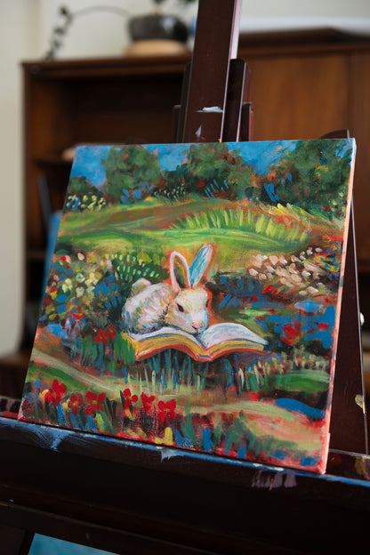 “Petals and Pages” Storybook Bunny Painting 12x12