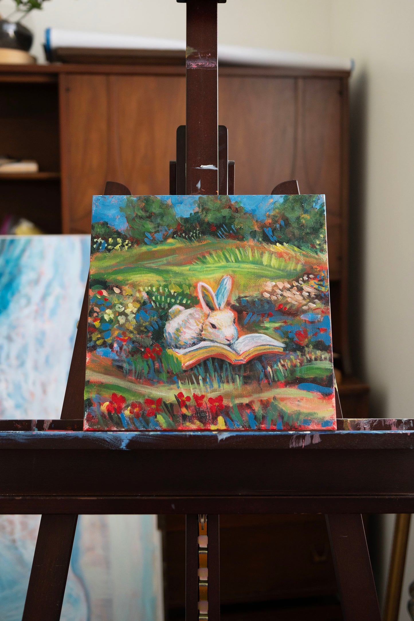 “Petals and Pages” Storybook Bunny Painting 12x12