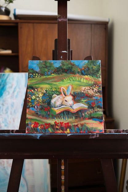 “Petals and Pages” Storybook Bunny Painting 12x12