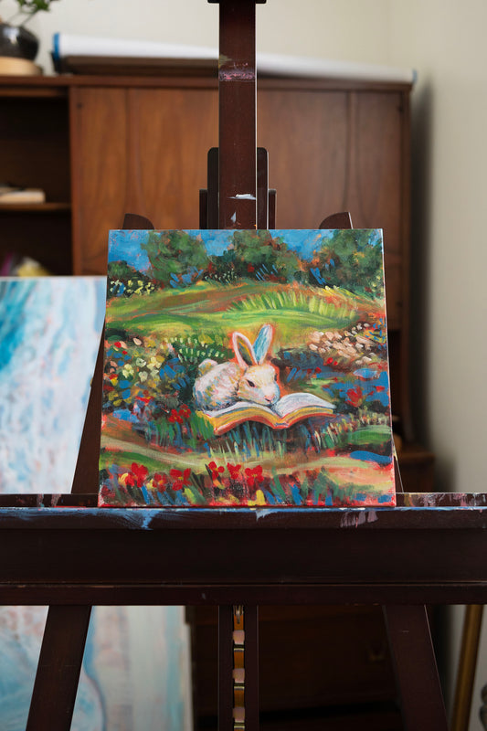“Petals and Pages” Storybook Bunny Painting 12x12
