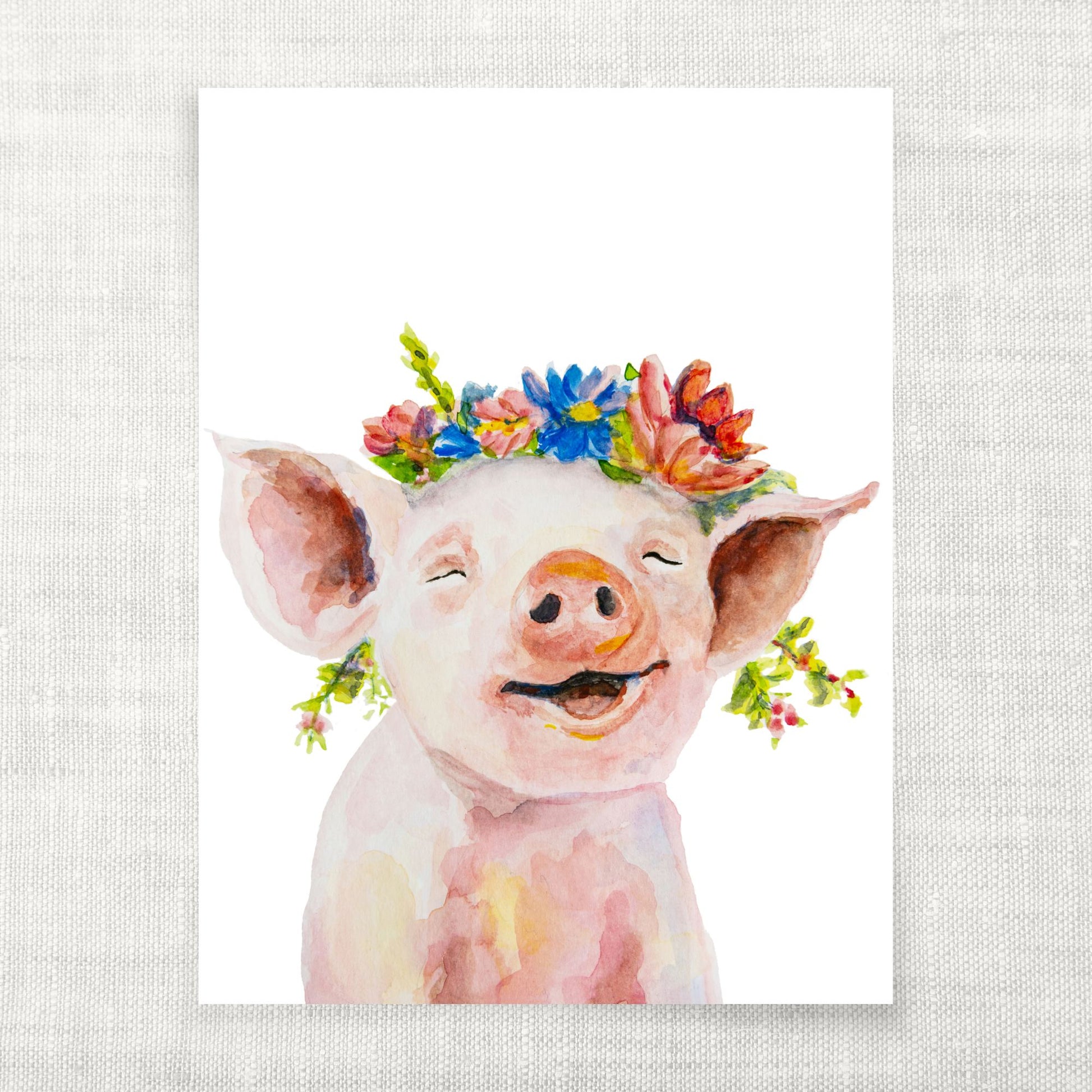 Watercolor painting of a pig with a floral crown on a textured white background
