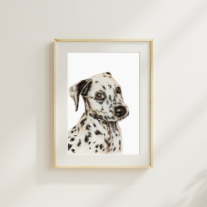 Framed artwork of a Dalmatian dog on a white wall