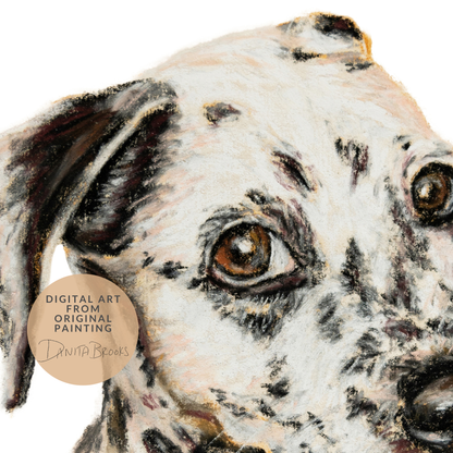 Close-up of a dalmatian dog's face with a 'Digital Art from Original Painting' label.