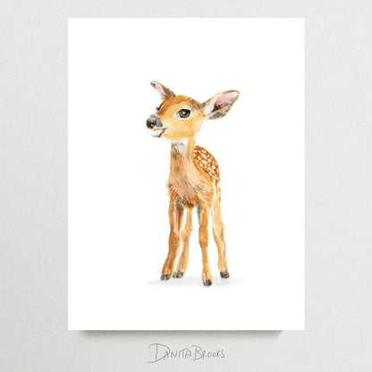 Unframed baby deer watercolor painting – forest animal print for nursery or nature-inspired kids room