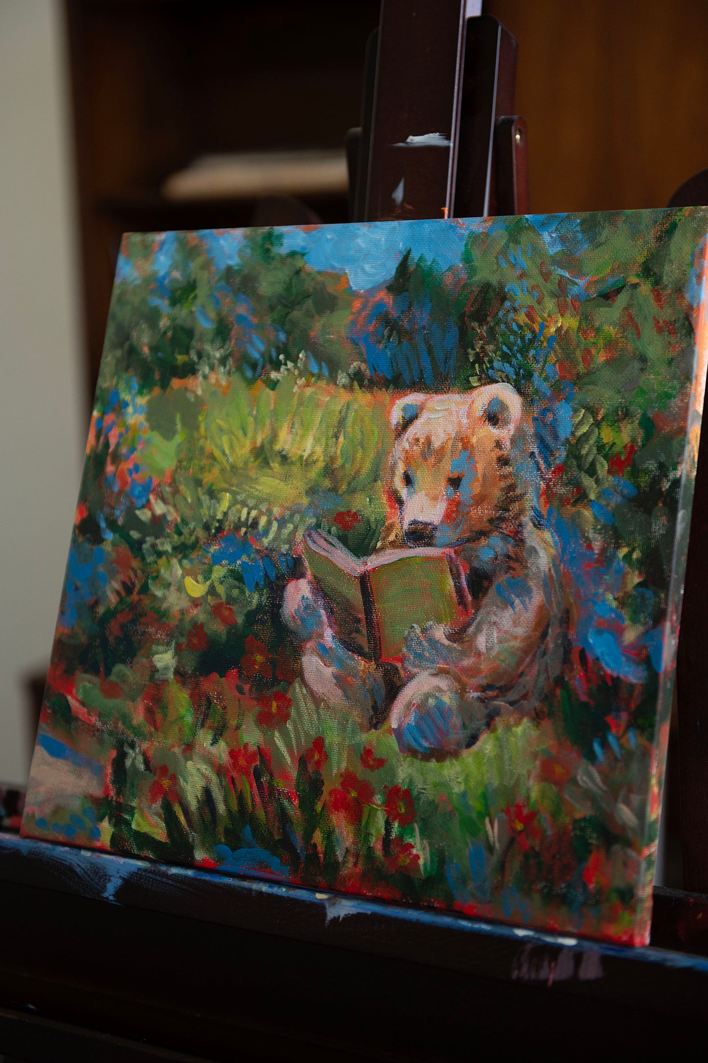 “The Little Reader” Storybook Bear Painting 12x12