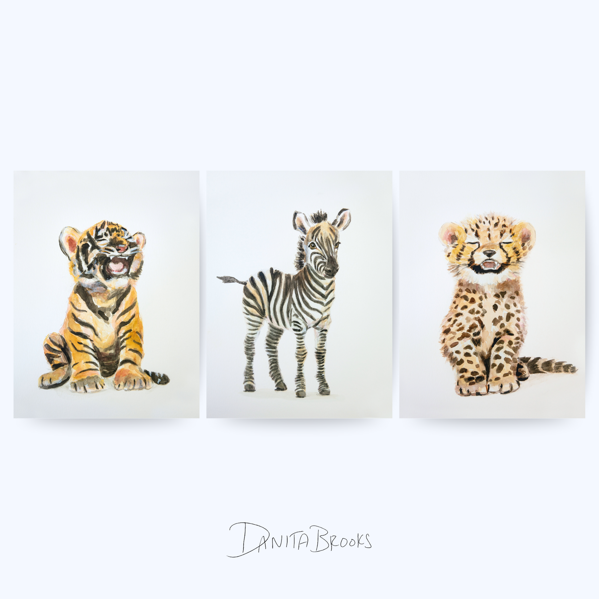 Unframed safari baby animal print set with watercolor zebra, cheetah, and tiger cub – jungle nursery wall decor