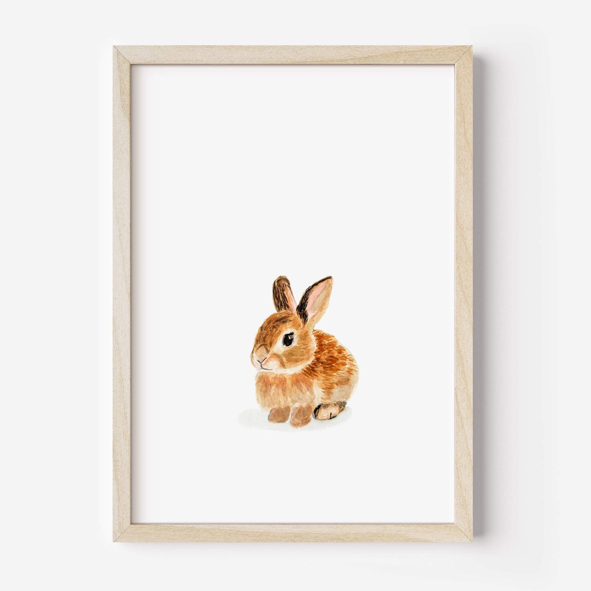 Watercolor baby bunny art print in wood frame – sweet woodland nursery wall decor