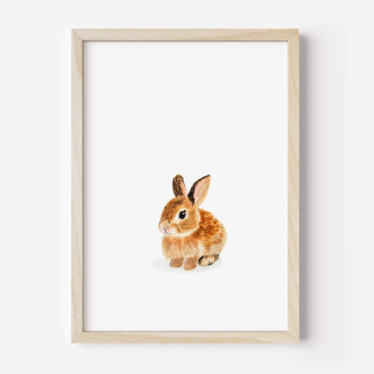 Watercolor baby bunny art print in wood frame – sweet woodland nursery wall decor