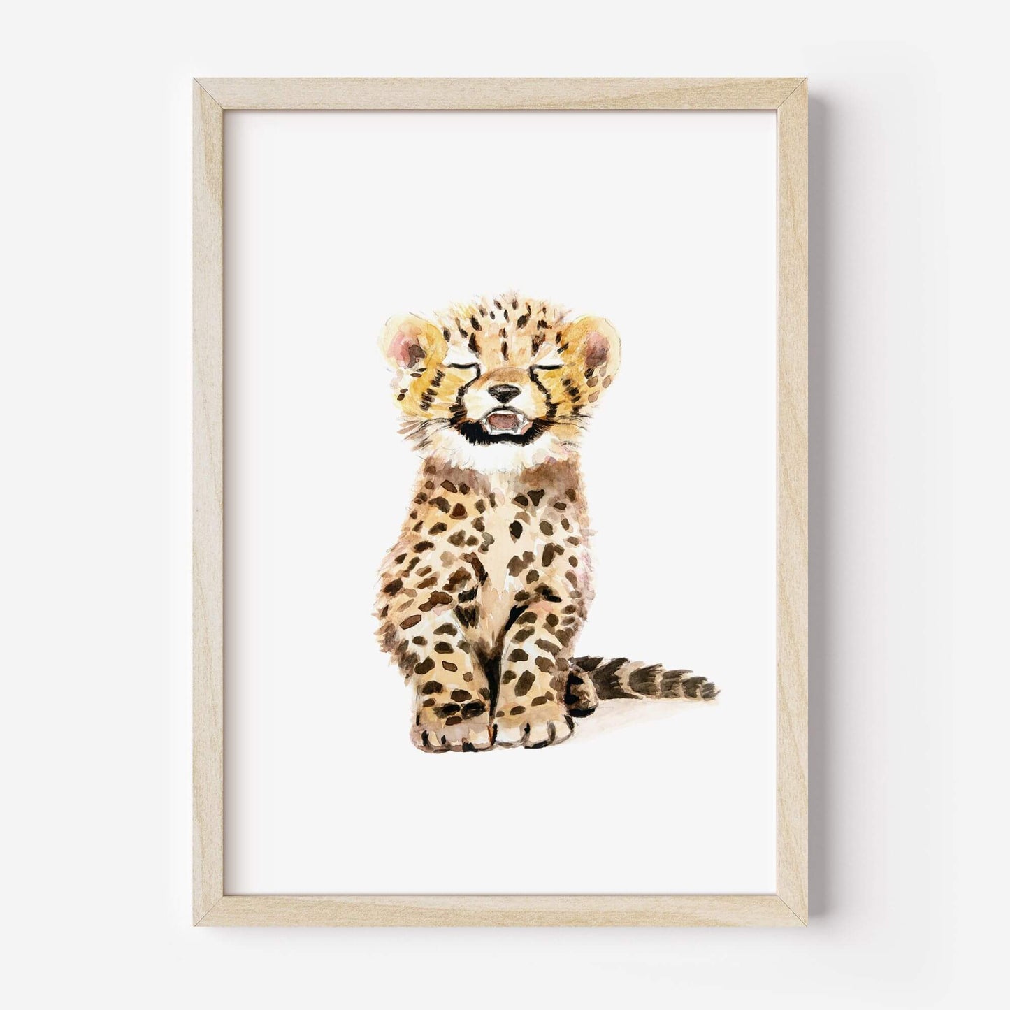 Framed baby cheetah watercolor art print with flower crown – safari nursery wall decor for girls
