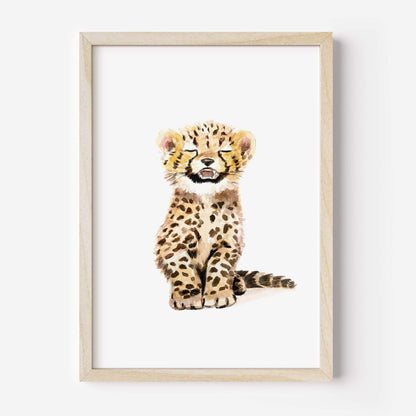 Framed baby cheetah watercolor art print with flower crown – safari nursery wall decor for girls
