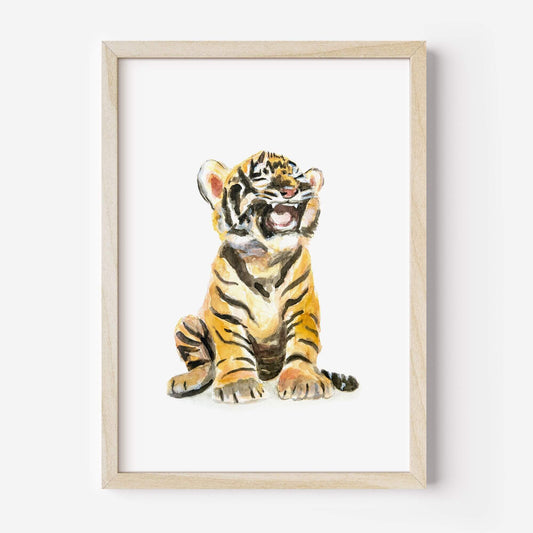 Framed watercolor baby tiger cub art print – safari nursery decor for jungle baby room