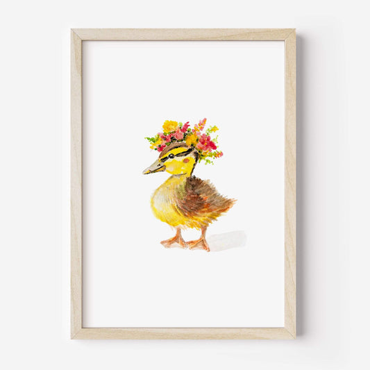 Watercolor duck art print with flower crown in wood frame – sweet farm nursery wall decor