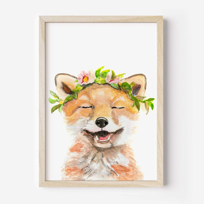 Flower crown fox watercolor art print in wooden frame – whimsical woodland nursery wall decor