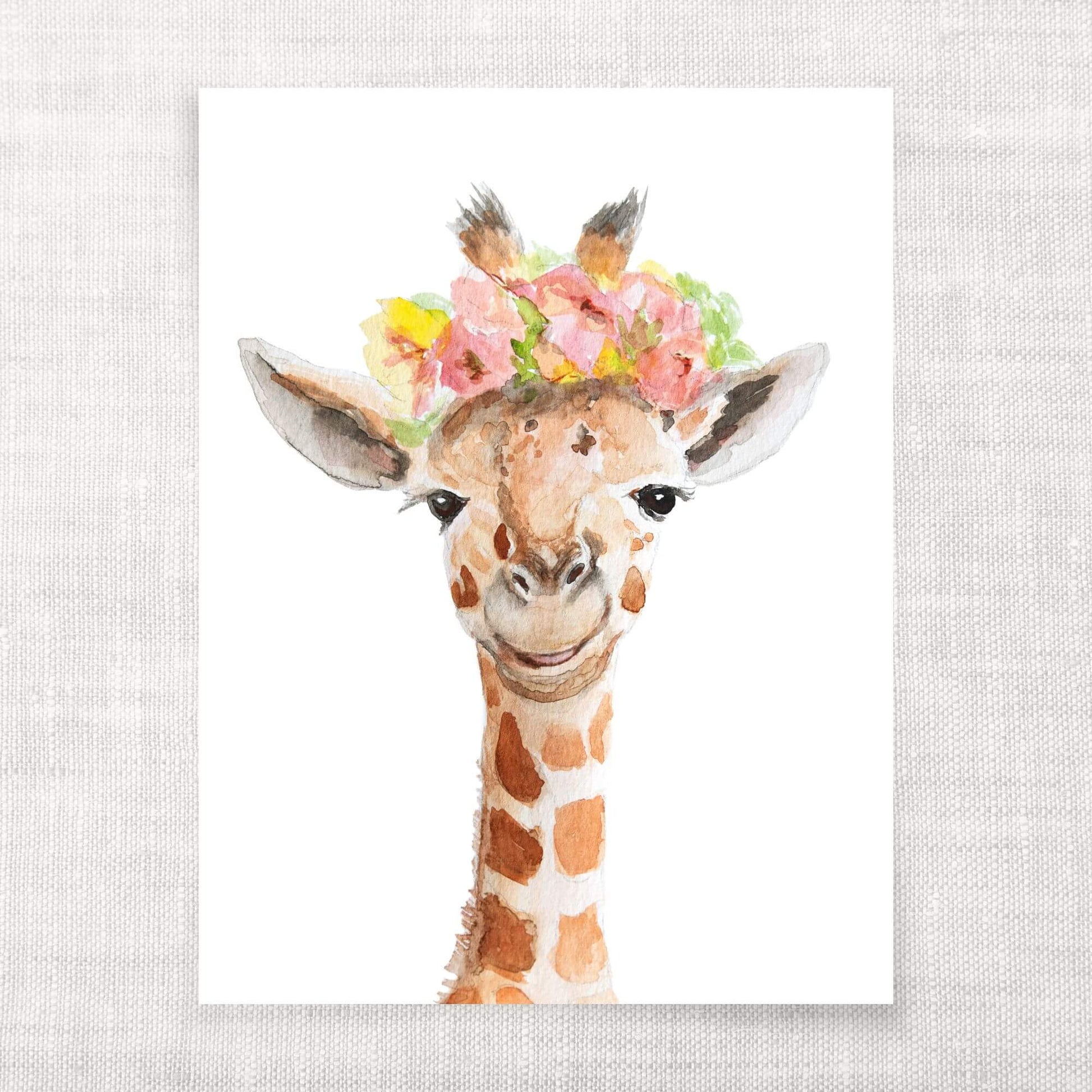 Illustration of a giraffe with a floral headband on a white background