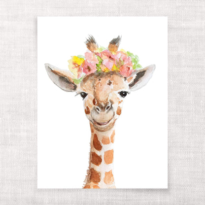 Illustration of a giraffe with a floral headband on a white background