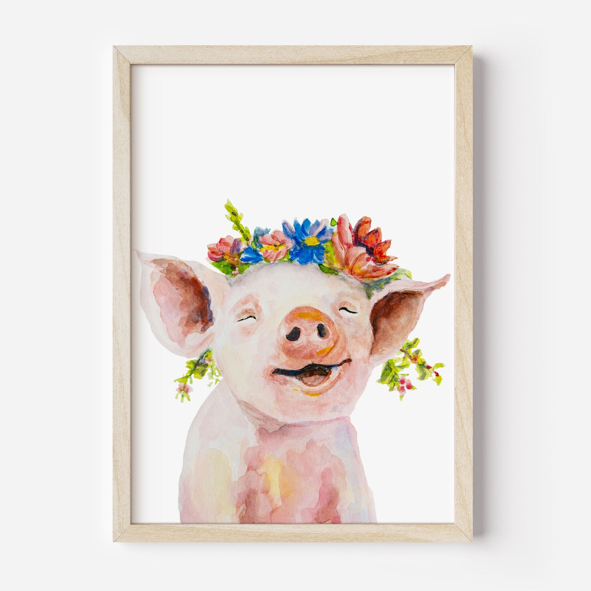 Framed artwork of a pig with a floral crown on a white background