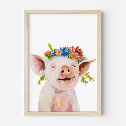 Framed artwork of a pig with a floral crown on a white background