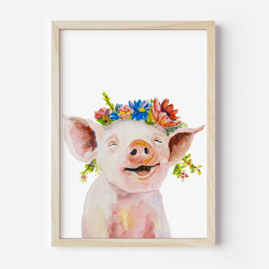 Framed artwork of a pig with a floral crown on a white background