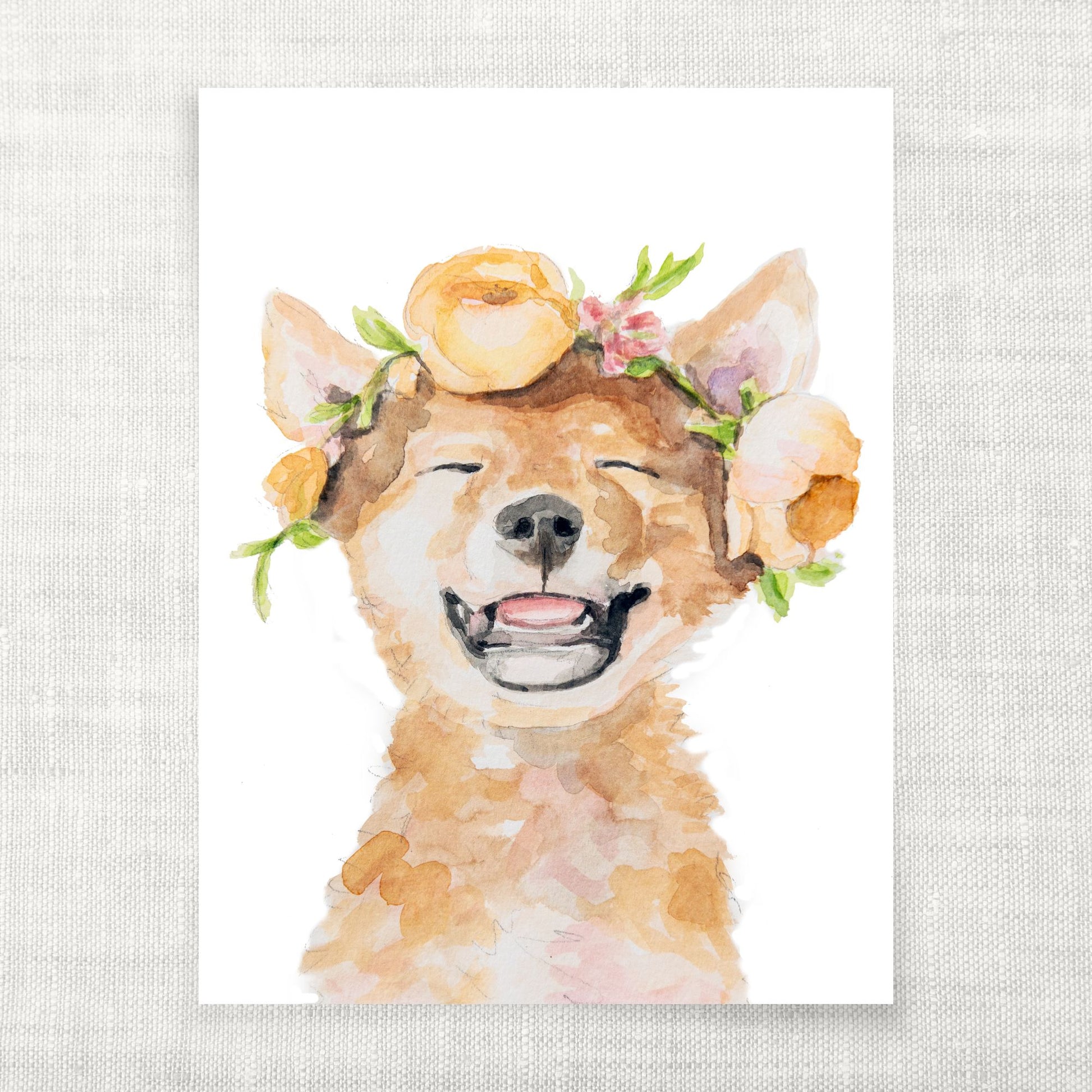 Watercolor painting art print of a Dingo dog with floral crown on a textured gray background from Danita Brooks Studio