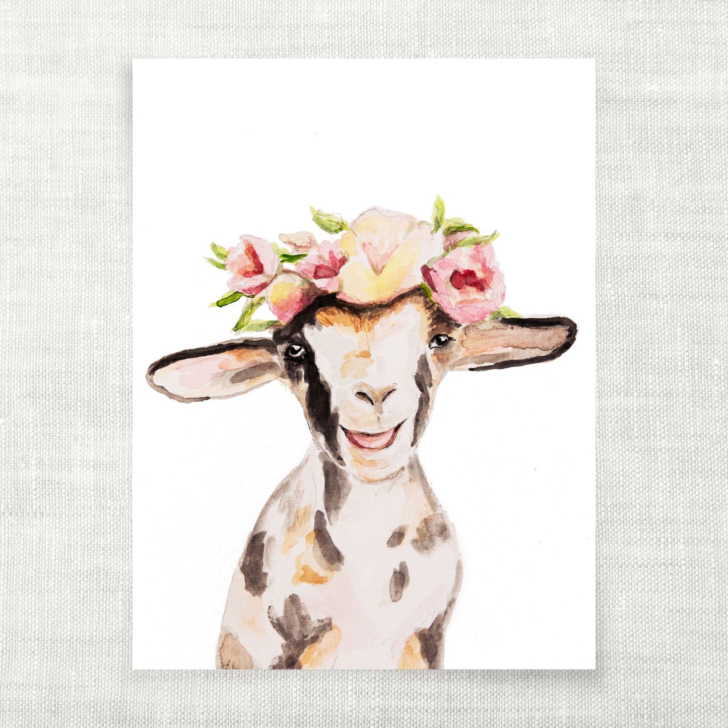 Illustration of a watercolor goat wearing a floral crown on a textured gray background