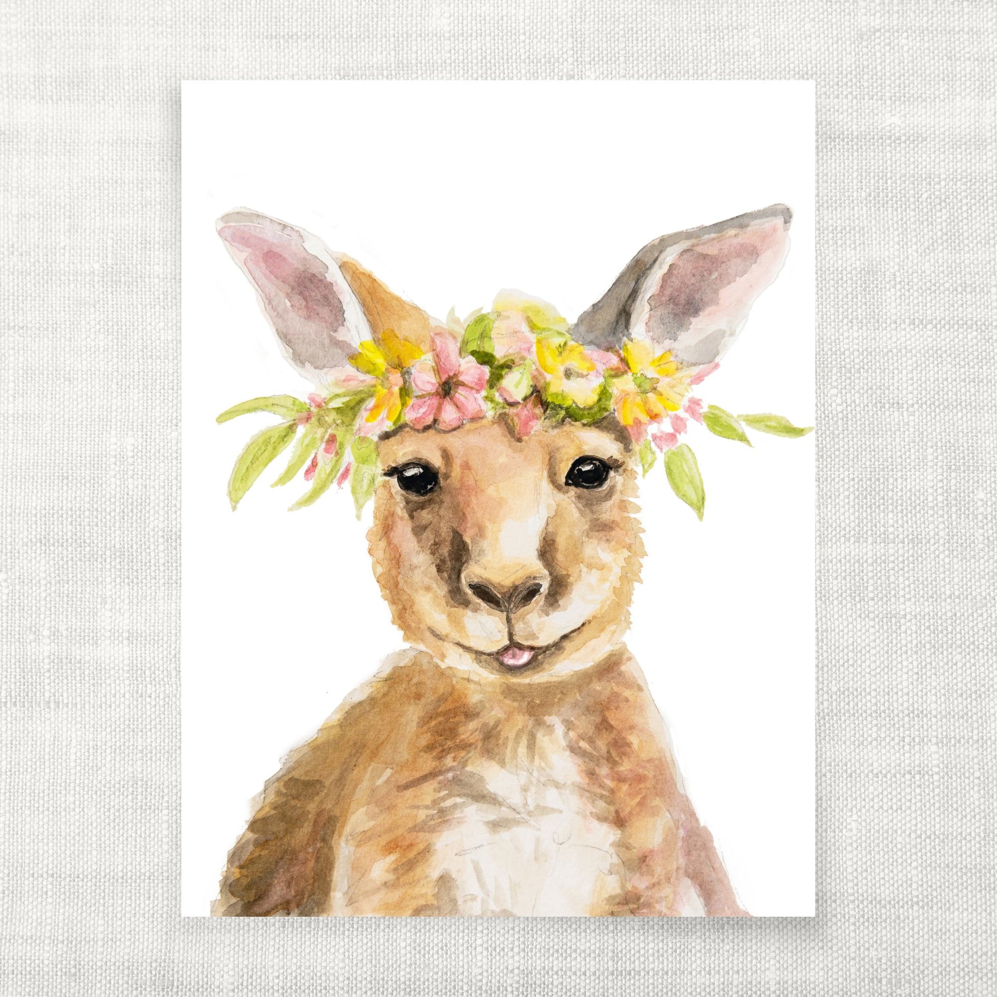Illustration in watercolor of a baby kangaroo with a floral headband on a light gray background