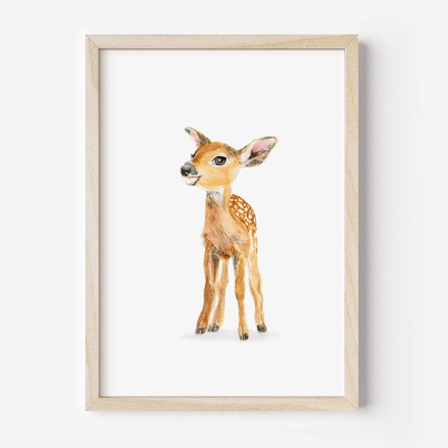 Watercolor baby deer art print in rustic wood frame – woodland nursery wall decor for kids room