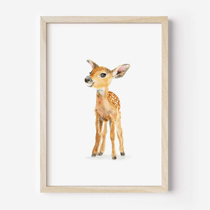 Watercolor baby deer art print in rustic wood frame – woodland nursery wall decor for kids room