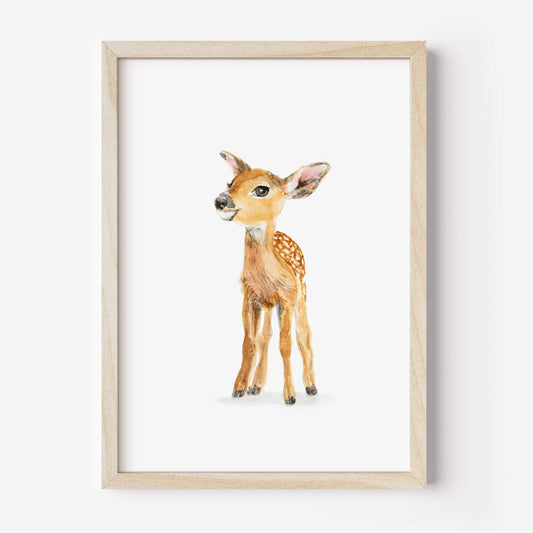 Watercolor baby deer art print in rustic wood frame – woodland nursery wall decor for kids room