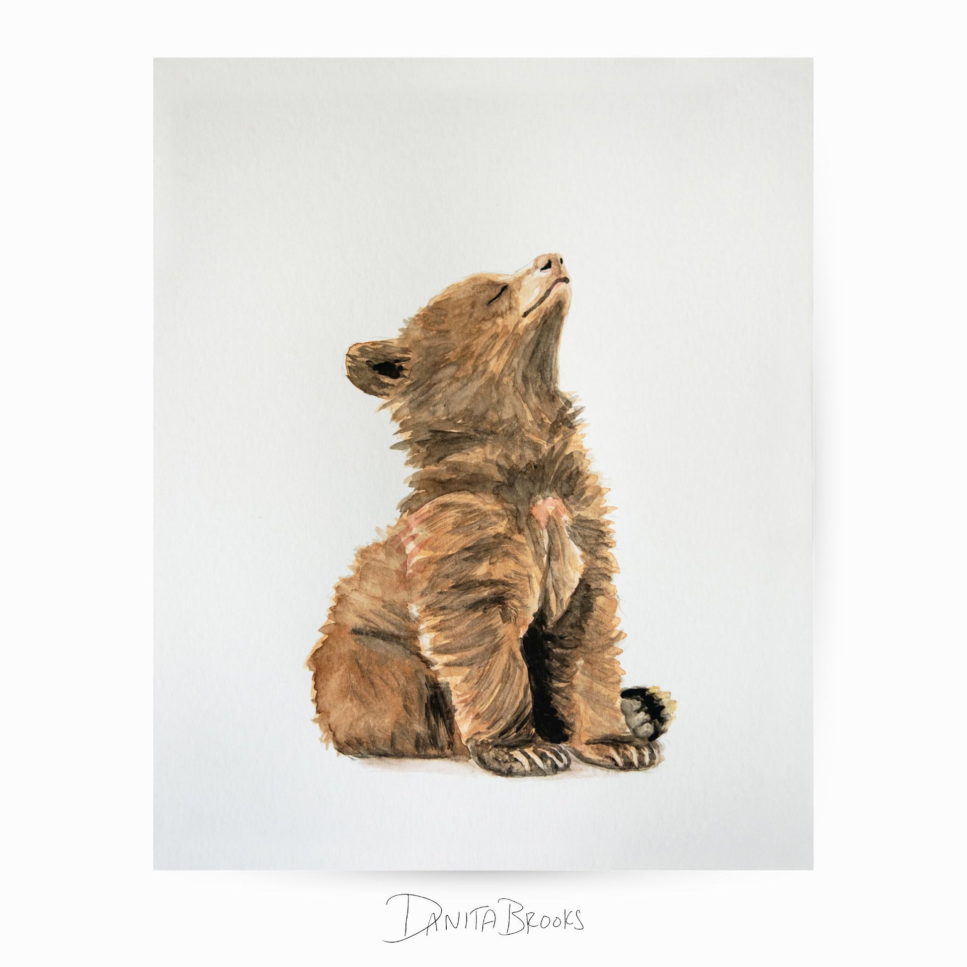 Unframed watercolor baby bear painting – soft forest animal print for nursery or toddler room