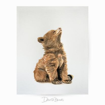 Unframed watercolor baby bear painting – soft forest animal print for nursery or toddler room