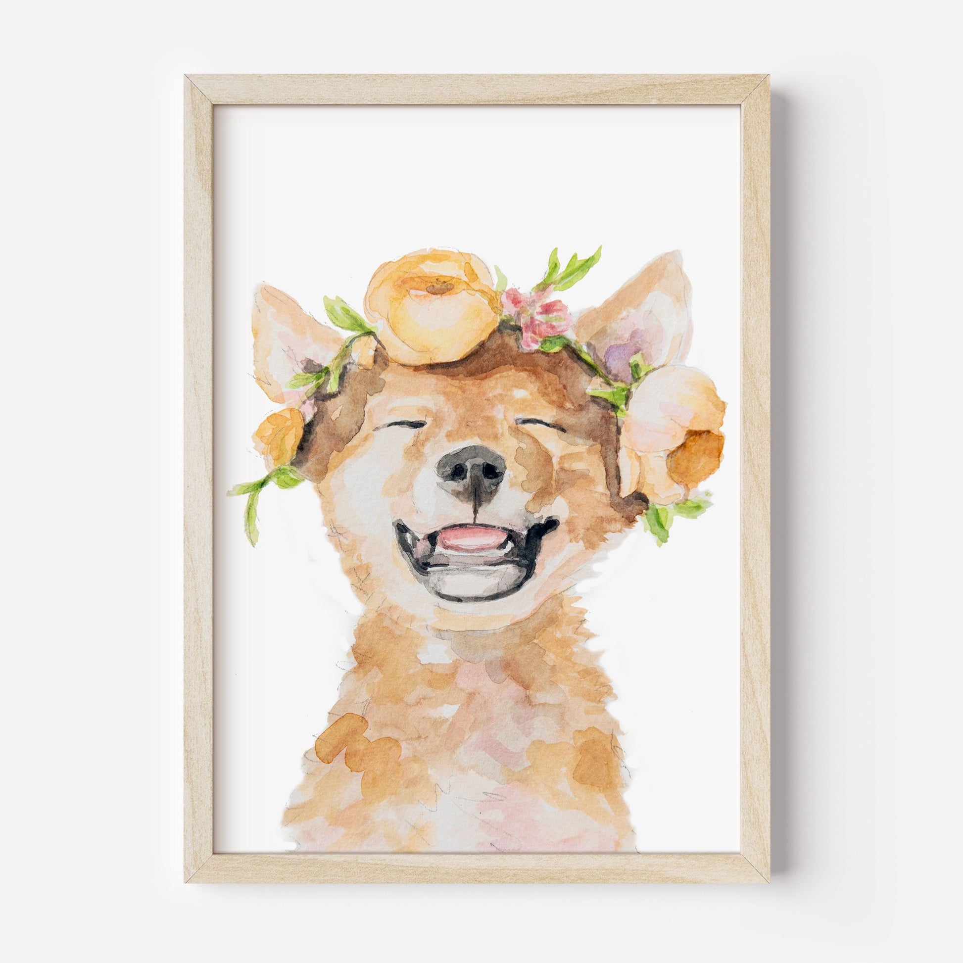 Framed artwork of a watercolor Dingo with floral crown on a white background from Danita Brooks Studio