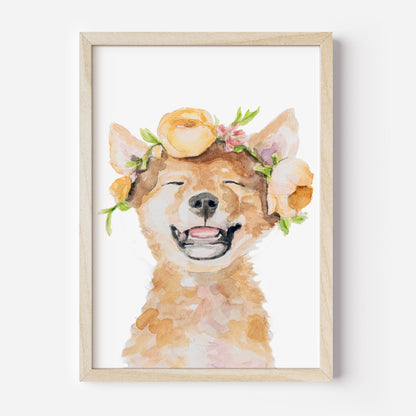 Framed artwork of a watercolor Dingo with floral crown on a white background from Danita Brooks Studio