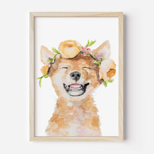 Framed artwork of a watercolor Dingo with floral crown on a white background from Danita Brooks Studio