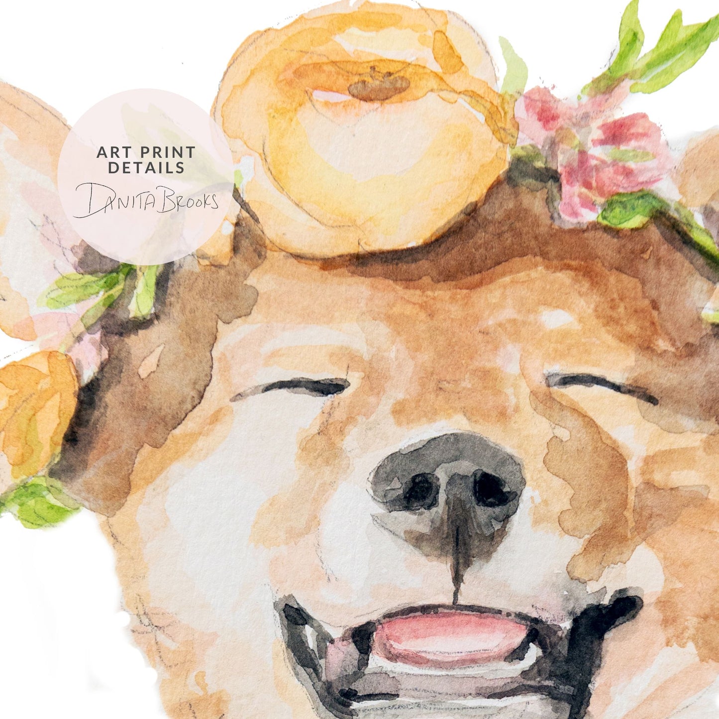 Watercolor painting details of a dog's face (Dingo Australian animal) with floral elements and 'DANITA BROOKS' branding.
