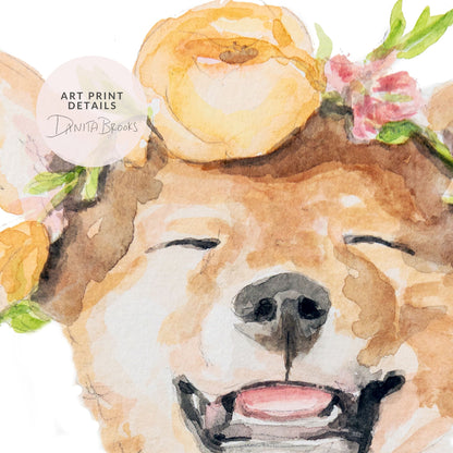 Watercolor painting details of a dog's face (Dingo Australian animal) with floral elements and 'DANITA BROOKS' branding.
